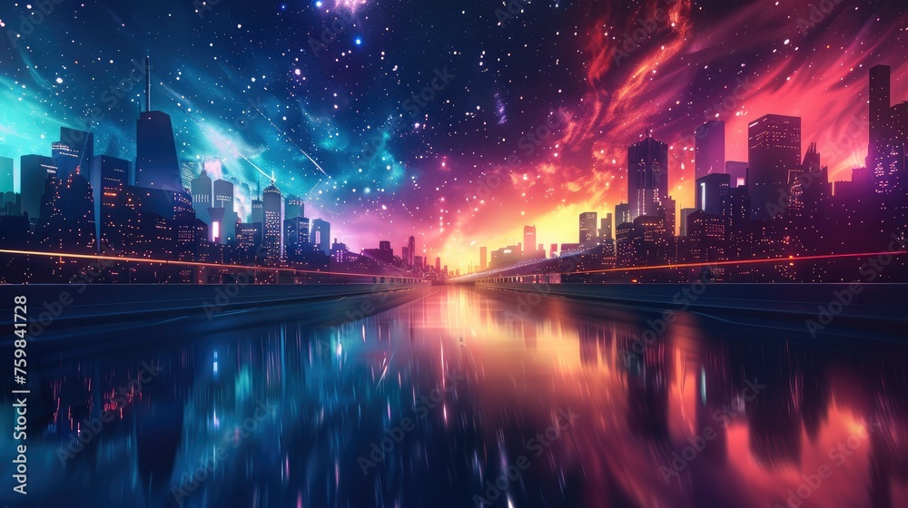 A colorful futuristic space city with stars in a dark sky. Generative AI.