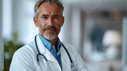 Middle-aged grey haired doctor wearing a white coat looking at the camera. Copy space