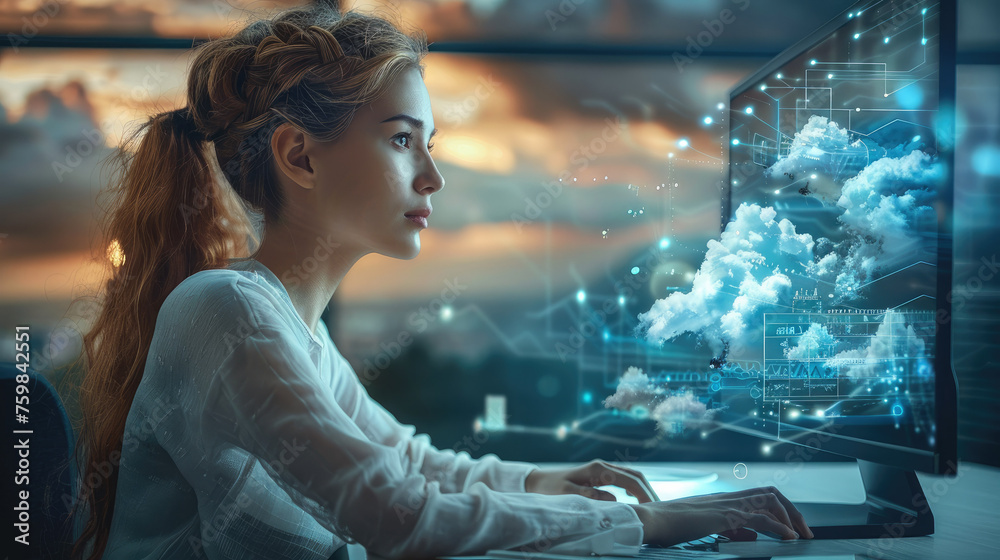 Beautiful woman sits at a desk typing on a computer. the screen has technical diagrams of clouds. Generative AI.