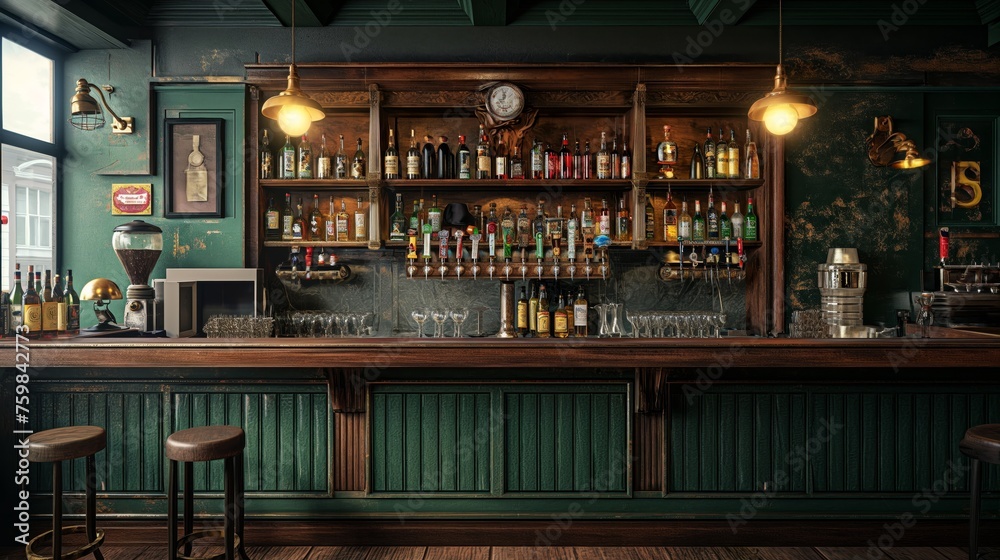 the counter bar in a cosy old english or irish pub with lots of whisky bottles in the background