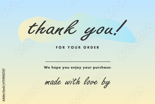 Thank you for you order message greeting card, lettering typography. Vector background.