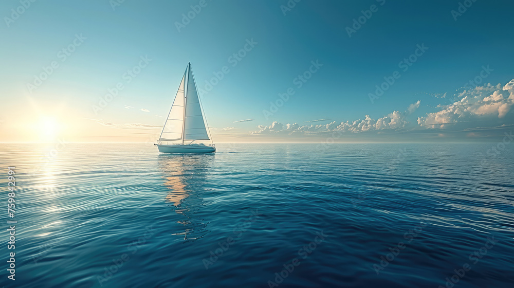 Obraz premium A sailboat on a calm ocean, clear sunny sky. Generative AI.