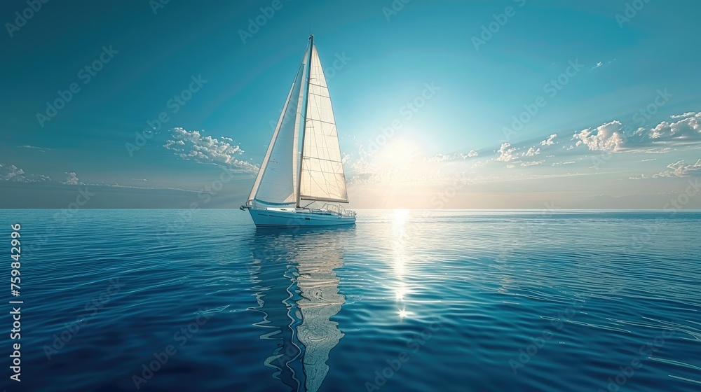 Obraz premium A sailboat on a calm ocean, clear sunny sky. Generative AI.