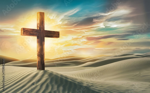 The Holy Cross on the Desert whit Sunrise Landscape Background