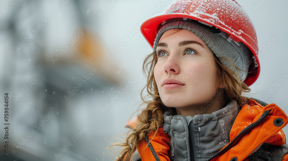 Young woman in hard hat wearng high visability jacket standing in the snow on a cinstruction site. Copy space Young woman in hard hat wearng high visability jacket standing in the snow on a cinstruction site. Copy space