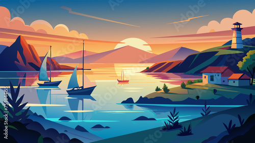 sunset over the sea and mountain vector art illustration