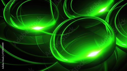 Luminous swirls of bright green light create a dynamic and mesmerizing abstract pattern, exuding energy and futuristic vibes on a black canvas.