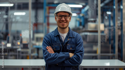 an industrial engineer wearing blue overalls and safety glasses, standing in front of modern machinery with glass walls, symbolizing innovation and technical skill.