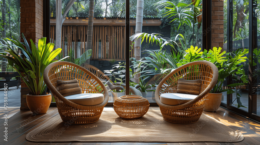 Modern Wicker Furniture in Lush Indoor Garden Modern Wicker Furniture in Lush Indoor Garden