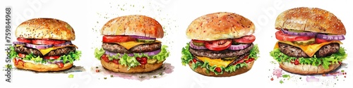 Four watercolor illustrations of assorted gourmet burgers with various toppings on a white background, ideal for menus and food holiday promotions