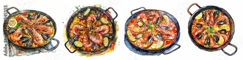 Assorted watercolor illustrations of traditional Spanish paella with seafood, lemon, and spices, ideal for culinary themes and Mediterranean cuisine concepts