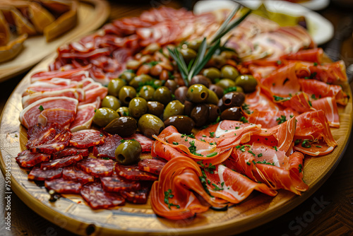Plate full of slices of different types of meat and olives