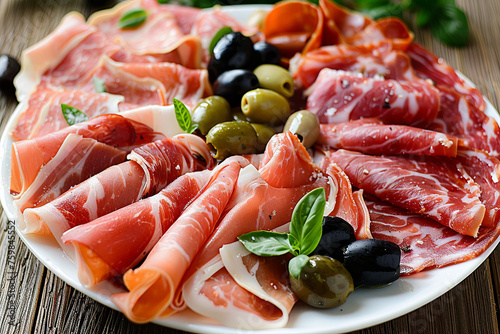 Plate full of slices of different types of meat and olives
