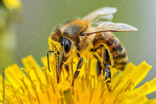 Honey bee covered with yellow pollen collecting nectar from dandelion flower