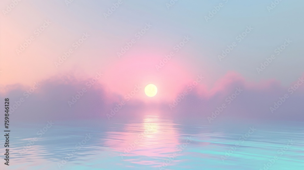 The soft glow of a misty sunrise is delicately enhanced with a holographic tint, evoking a serene and ethereal morning ambiance.