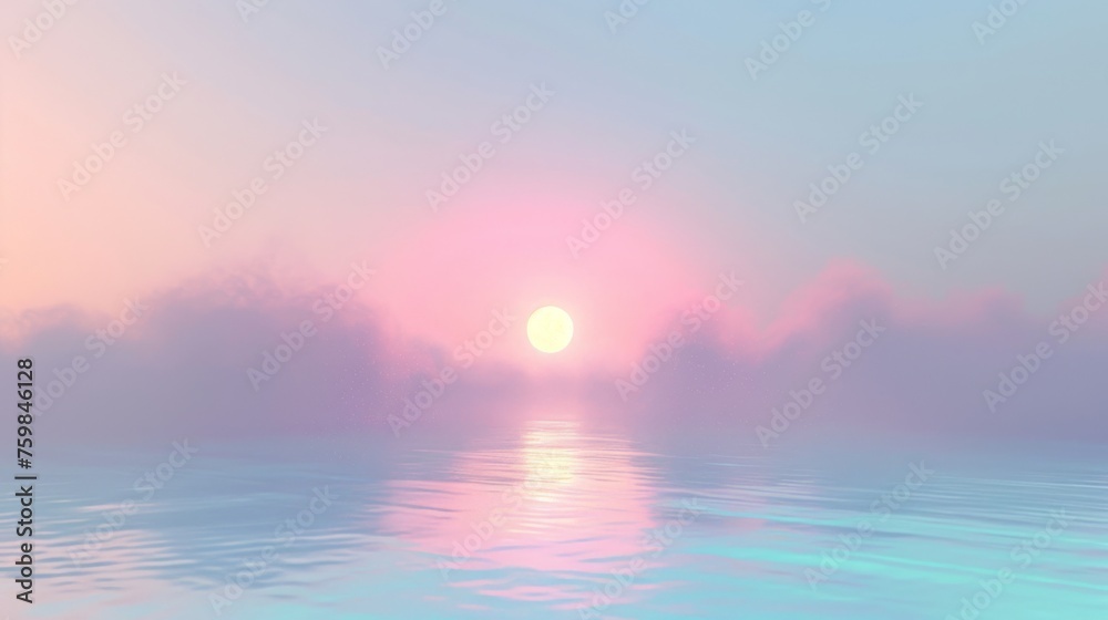 Obraz premium The soft glow of a misty sunrise is delicately enhanced with a holographic tint, evoking a serene and ethereal morning ambiance.