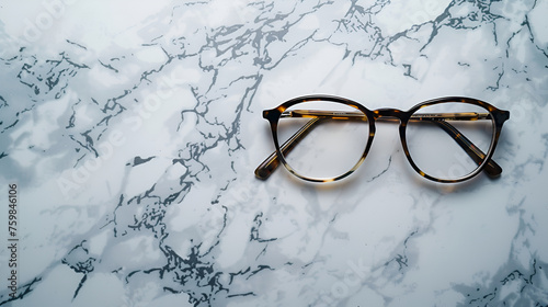 Eyeglasses on the marble table, top view