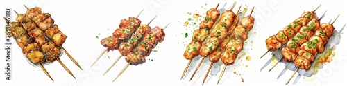 Assorted watercolor grilled kebabs on skewers with vibrant splashes, depicting an appealing street food concept or summer barbeque gathering