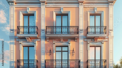 a beautiful building harmoniously blending Italian, Spanish, and British styles for the facade, seamlessly integrating modern technological advances, in a realistic photograph.