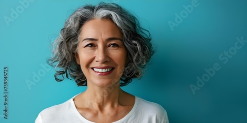 Cheerful elderly woman with silver hair and bright smile against blue backdrop. Concept Portrait Photography, Senior Citizen, Bright Background, Silver Hair, Smiling Face photo