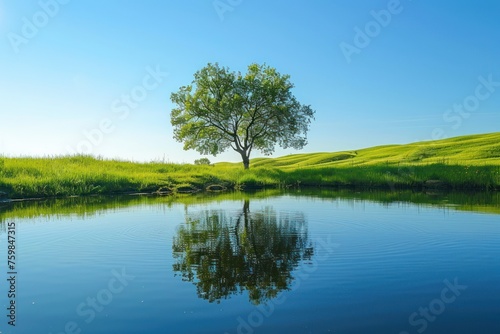  The serenity of mindfulness a calm pond reflecting a clear sky photo