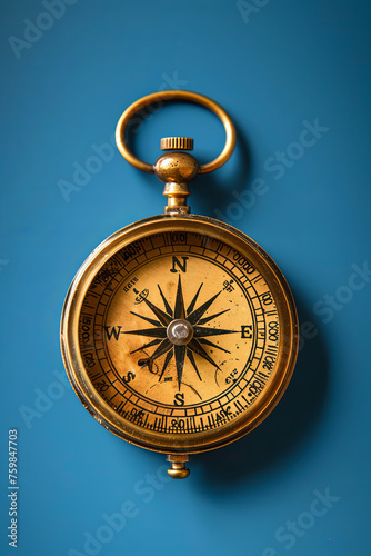 brass compass over blue photo