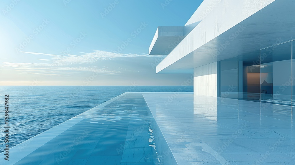 Fototapeta premium Minimalist and fashionable architecture, minimalist flooring, high-end and sea views. Generative AI.