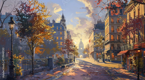 Illustration of street and city atmosphere in Paris, France in the past.