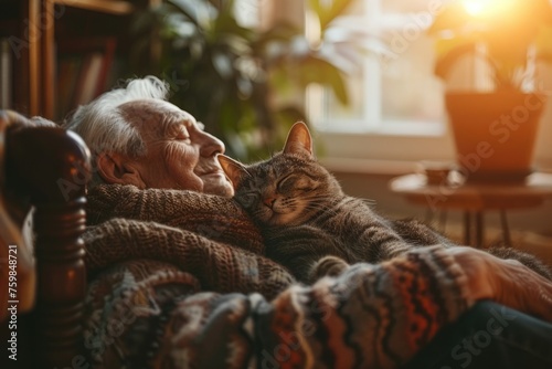 Elderly man and gray cat enjoy a serene sunset in a cozy room filled with books and plants, capturing the warmth and emotional support animal pets provide, relaxation and companionship photo