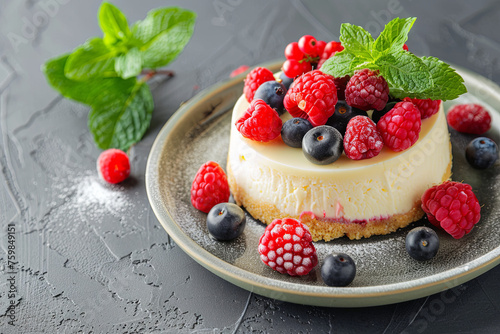 Cheese Cake with Fresh Berries Bowl and Green Mint
