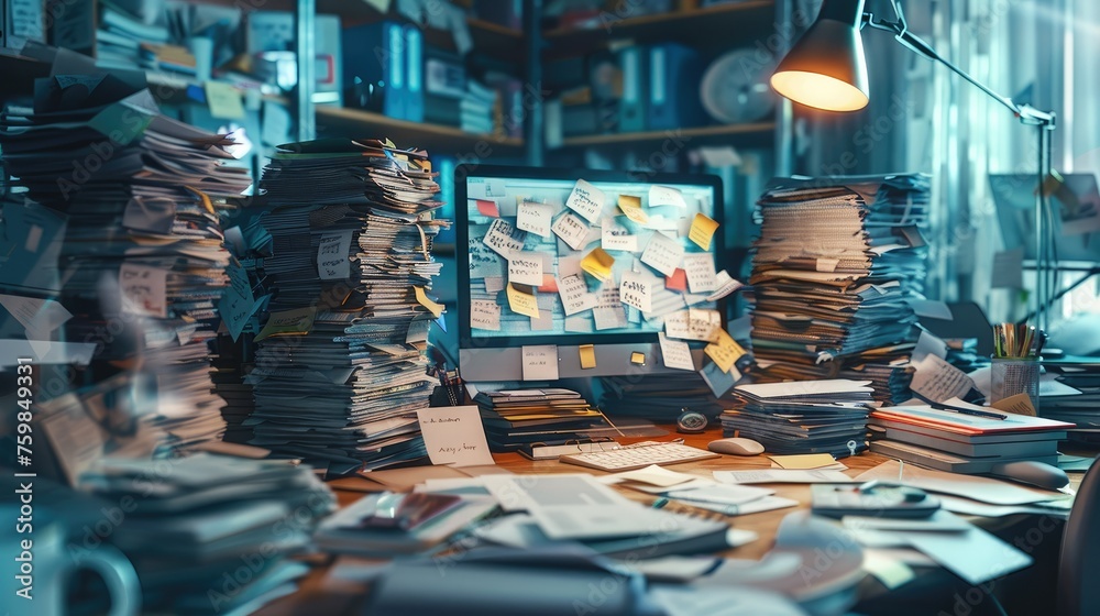 Obraz premium A detailed office, a cluttered desk with a chaotic agenda and a mountain of unsorted emails on a computer screen, reflecting a stressful Monday morning. Generative AI.