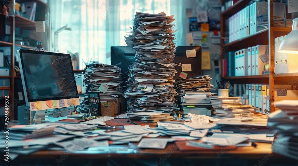 A detailed office, a cluttered desk with a chaotic agenda and a mountain of unsorted emails on a computer screen, reflecting a stressful Monday morning. Generative AI. A detailed office, a cluttered desk with a chaotic agenda and a mountain of unsorted emails on a computer screen, reflecting a stressful Monday morning. Generative AI.