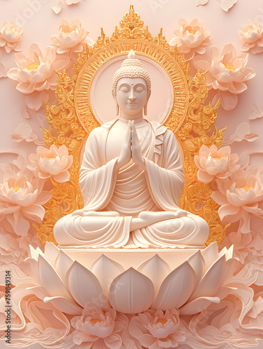 The Buddha statue, depicted in a lotus position, is set against a beautiful golden backdrop and adorned with pink lotus flowers in a minimalistic style, creating a visually comforting color palette.
