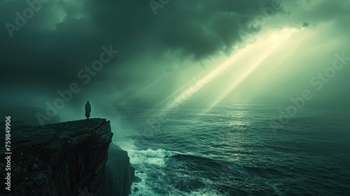 A person standing alone on a cliff overlooking a vast sea under a stormy sky, Depression Imagery that represents feelings of depression, loneliness, isolation, hope, support, and recovery paths