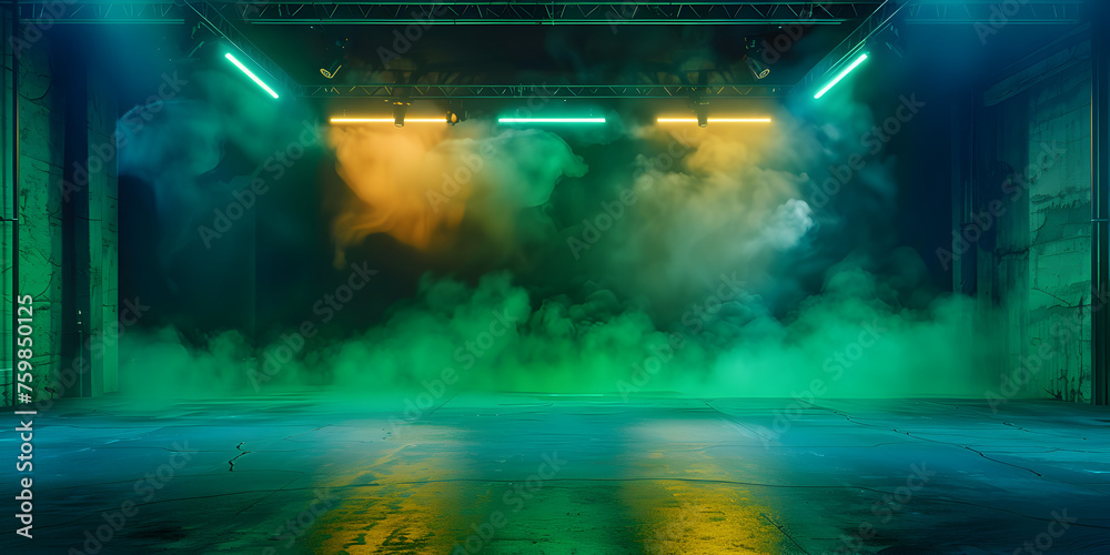 Dark stage with yellow, green neon lights, spotlights, and smoke. Asphalt floor in studio setting for showcasing products.
