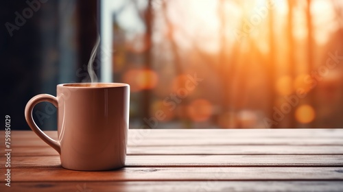 Mug of hot coffee on a wooden table inside a home kitchen in the morning time with copy space.