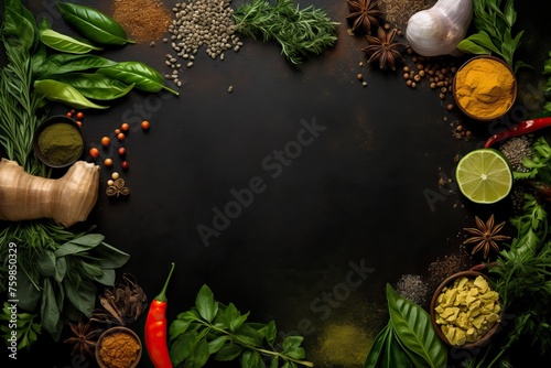 top view of Thai herb for curry recipe with copy space for text - generative ai
