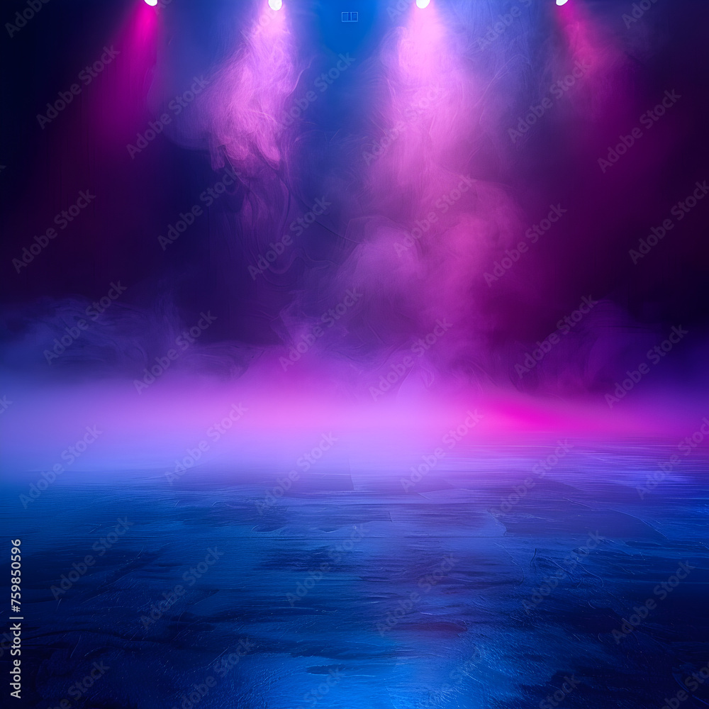 Dark stage with blue, purple, pink neon lights, spotlights, and smoke. Asphalt floor in studio setting for showcasing products.
