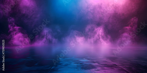 Dark stage with blue, purple, pink neon lights, spotlights, and smoke. Asphalt floor in studio setting for showcasing products.  © tracy