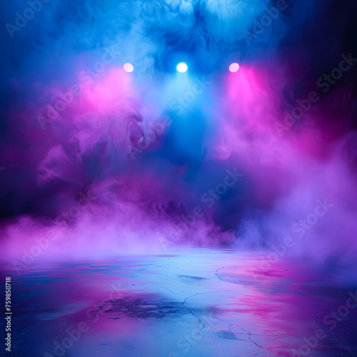 Dark stage with blue, purple, pink neon lights, spotlights, and smoke. Asphalt floor in studio setting for showcasing products.  © tracy