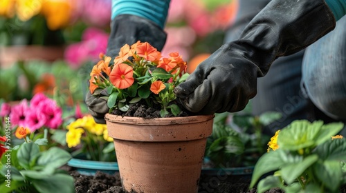 Hands busily planting in terracotta pot vibrant flowers