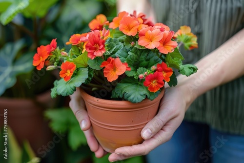 Planting vibrant flowers close-up terracotta pot in hands