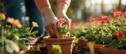 Terracotta pot flower planting by hands close-up