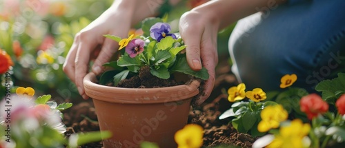 Close view hands planting colorful flowers terracotta pot