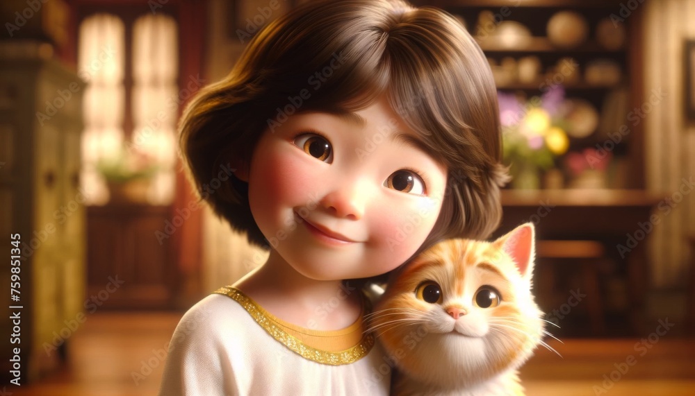 A charming animated young girl gently holding a cute orange tabby kitten depicting warm friendship and innocence. A charming animated young girl gently holding a cute orange tabby kitten depicting warm friendship and innocence.