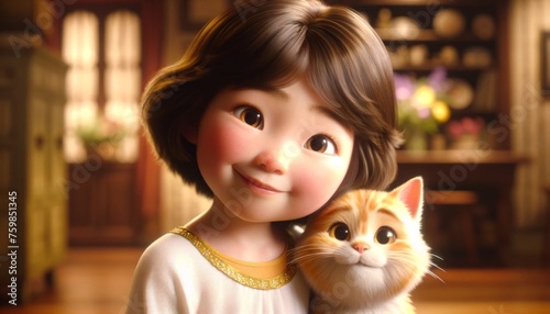 Fototapeta Naklejka Na Ścianę i Meble -  A charming animated young girl gently holding a cute orange tabby kitten depicting warm friendship and innocence.