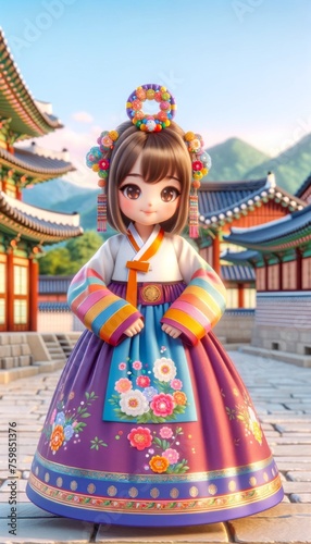 An animated girl smiles sweetly while dressed in an exquisite traditional Korean hanbok, with a palace backdrop