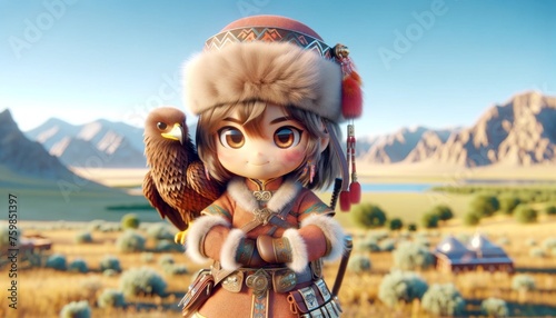An animated girl depicted in detailed traditional Mongolian clothing stands proudly with a majestic eagle in a serene Mongolian landscape.