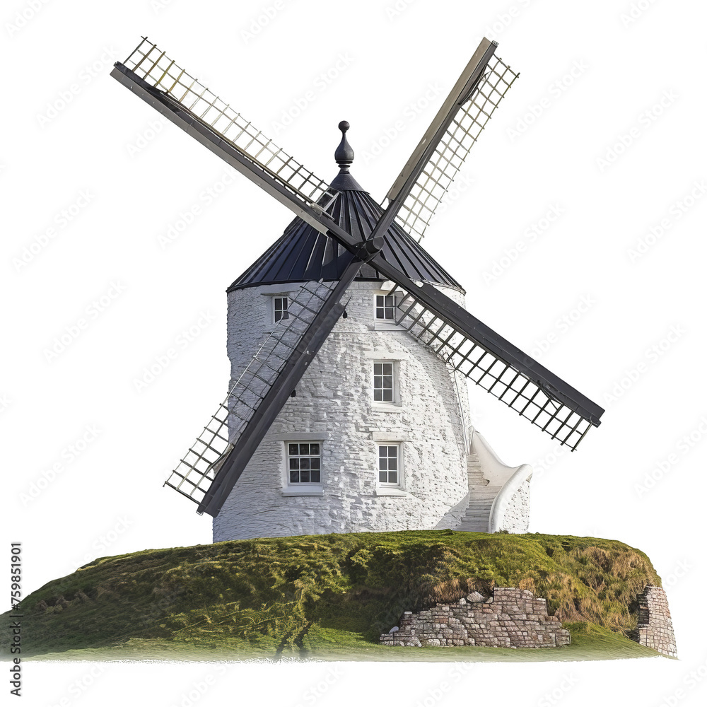 White Windmill on Green Hill. Transparent PNG Background