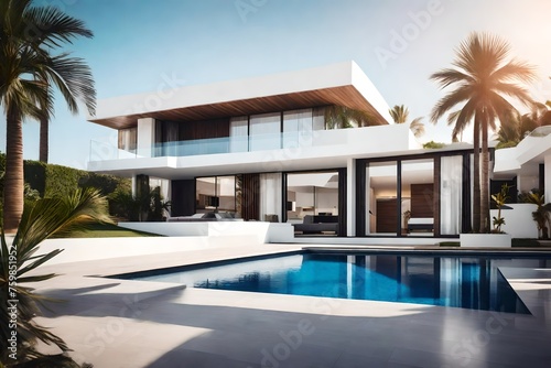 modern cubic villa with large swimming pool among palm trees © Ateeq
